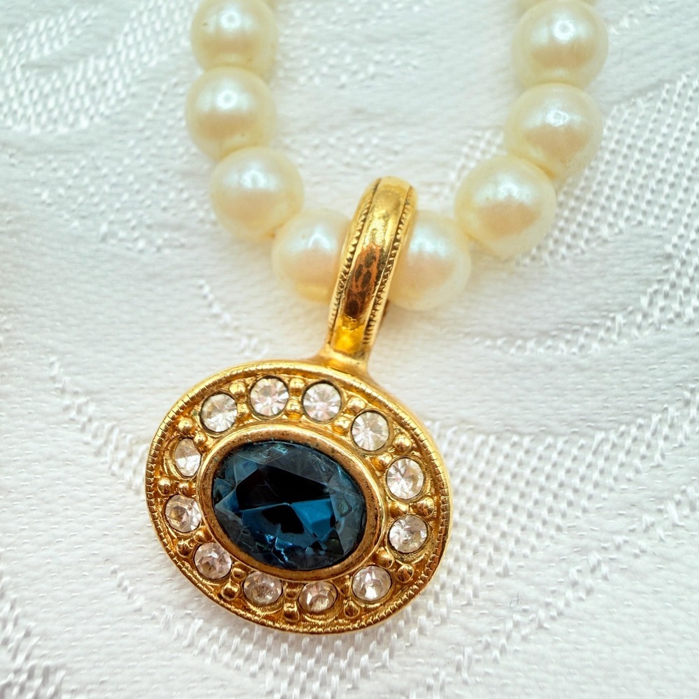 Vintage Avon Faux Pearl Gold Tone Pendant Necklace w/ Blue Stone and Rhinestones